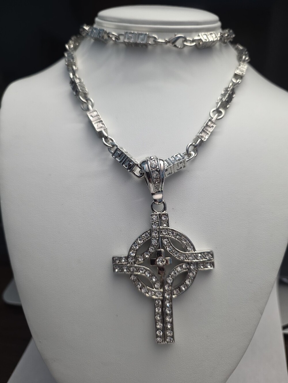 Silver Tone Rhinestone Cross Necklace 24 Inch